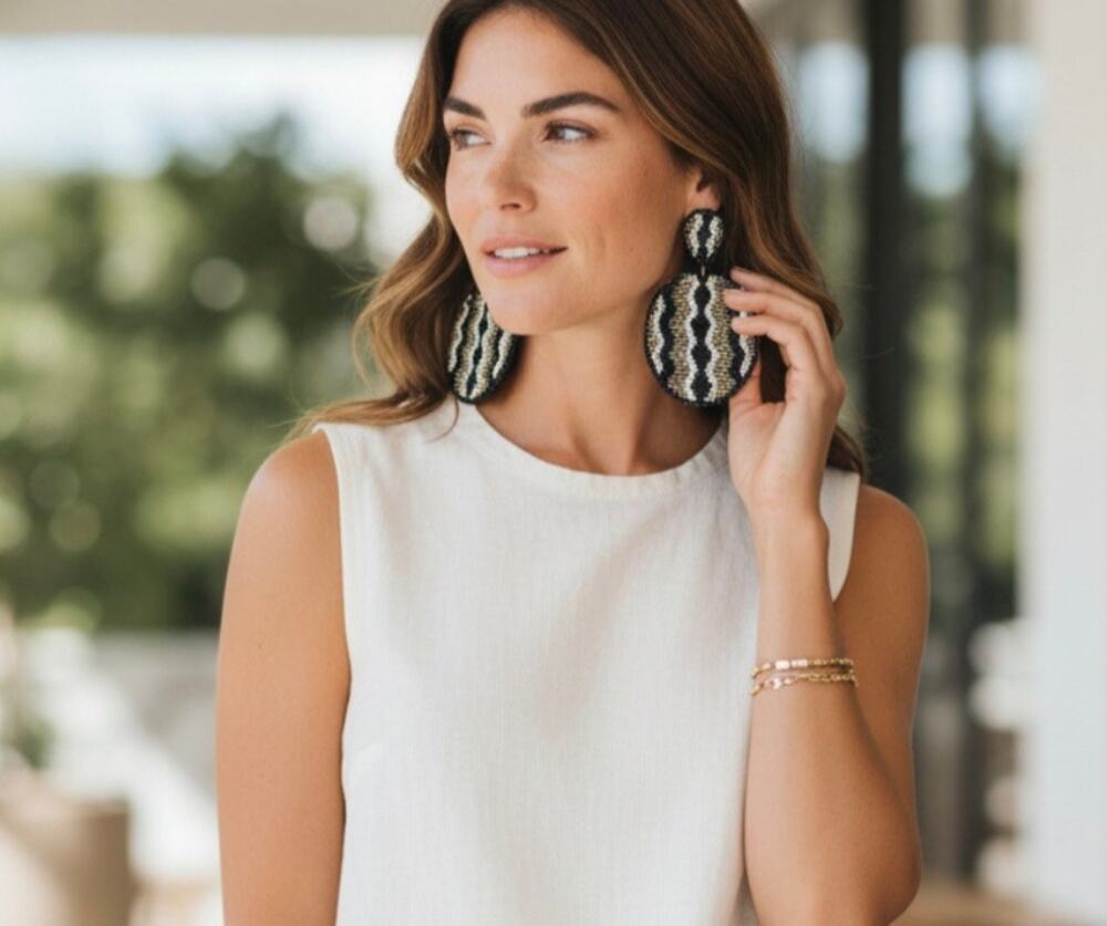 Kay Lee Black White Gold Beaded Oval Earrings New